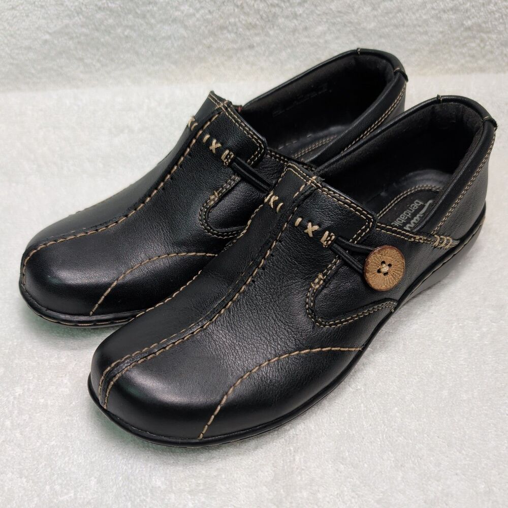 Clarks Bendables Shoes W 6M Black Loafers Slip On Casual Comfort Leather NEW